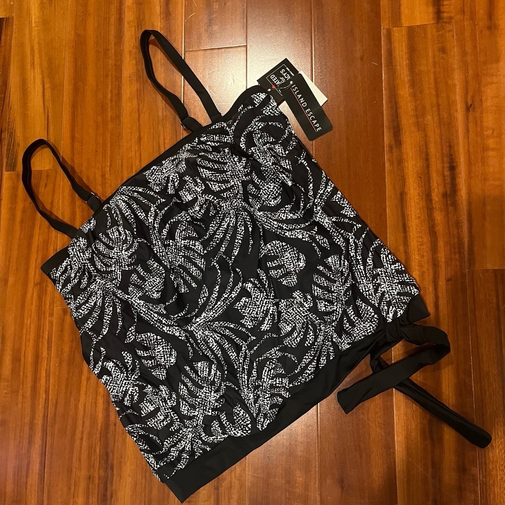 Black Tankini Swim Top White Floral Print Island Escape Waist Minimizer New Sz 6